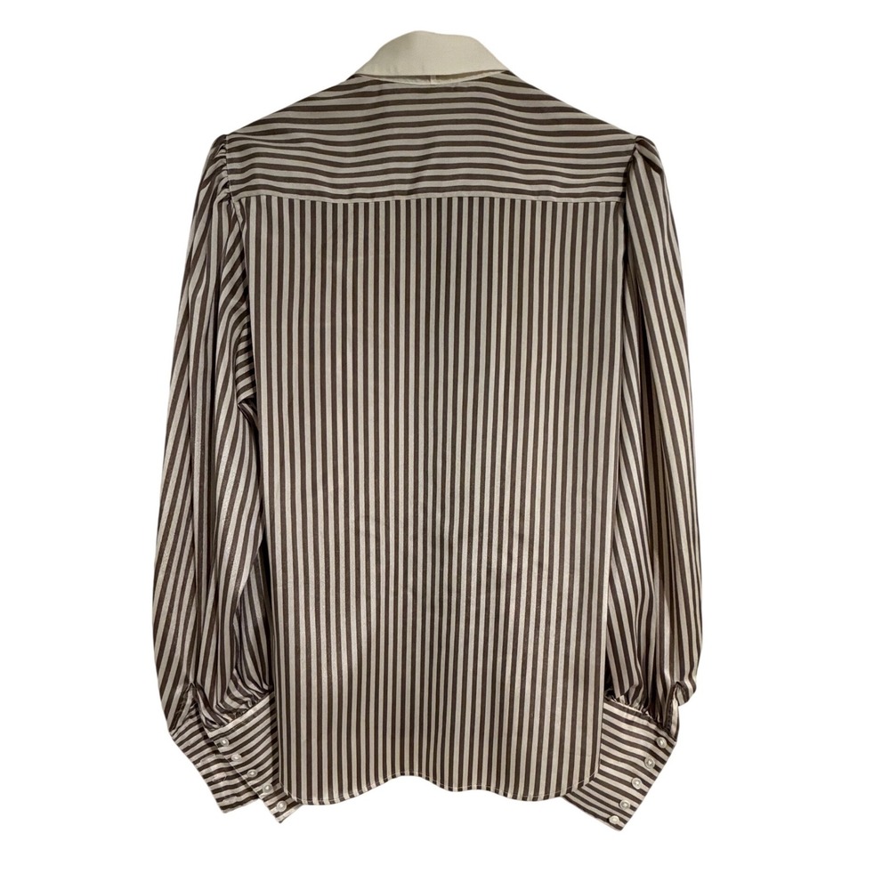 Vintage Liz Claiborne Striped Blouse Brown Cream Puff Shoulder Button Down Sz 6 - Picture 3 of 6